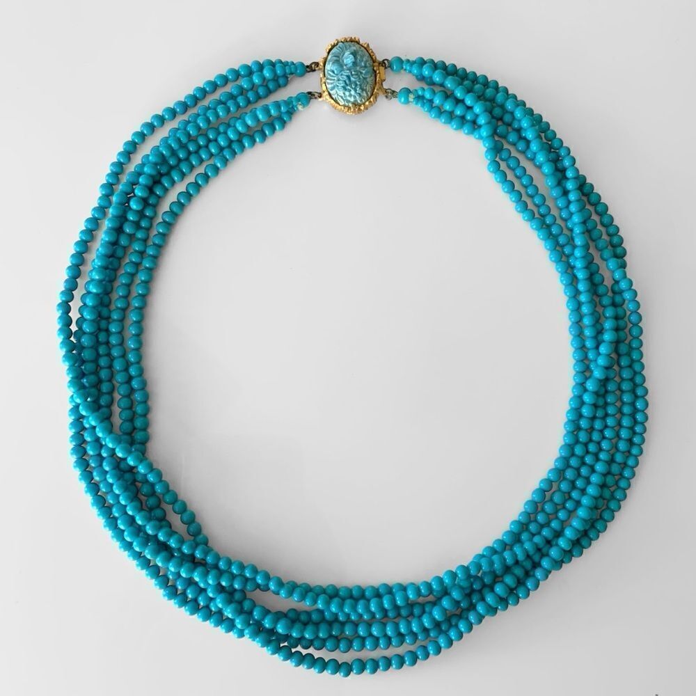 Vintage Glass Turquoise Muti Strand Carved Clasp Necklace